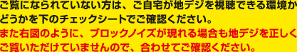 ご覧になられていない方は、ご自宅が地デジを視聴できる環境かどうかを下のチェックシートでご確認ください。
また右図のように、ブロックノイズが現れる場合も地デジを正しくご覧いただけていませんので、合わせてご確認ください。